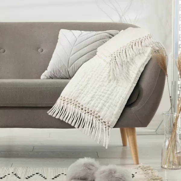 Blankets & Throws-Kirkland's Home Vintage Cotton Fringe Throw Ivory