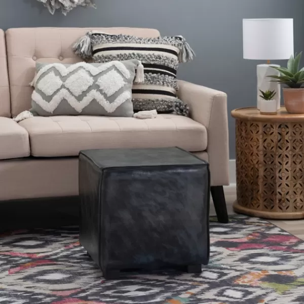 Benches & Ottomans-Kirkland's Home Vintage Finish Leather Cube Ottoman Gray