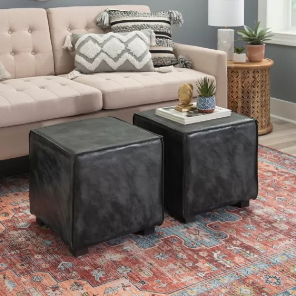 Benches & Ottomans-Kirkland's Home Vintage Finish Leather Cube Ottoman Gray