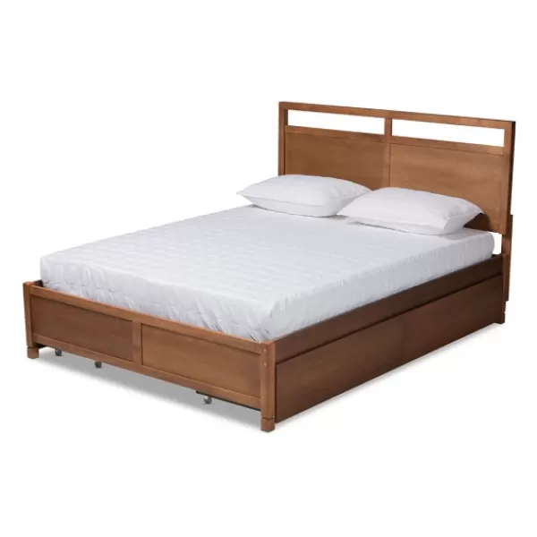 Beds & Headboards-Kirkland's Home Walnut 4-Drawer Queen Bed Frame With Headboard Brown