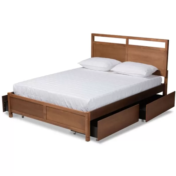 Beds & Headboards-Kirkland's Home Walnut 4-Drawer Queen Bed Frame With Headboard Brown