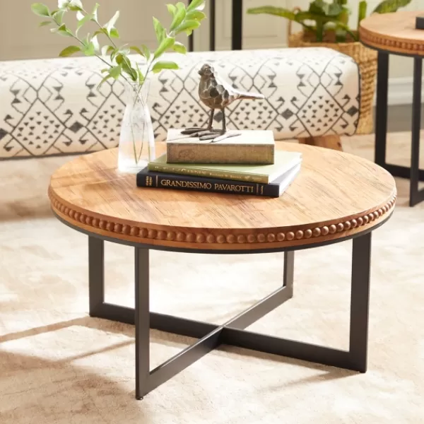 Coffee Tables-Kirkland's Home Walnut Beaded Industrial Coffee Table