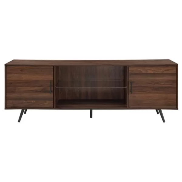 Tv Stands & Media Consoles-Kirkland's Home Walnut Mid-Century Modern Glass Shelf Tv Stand Brown