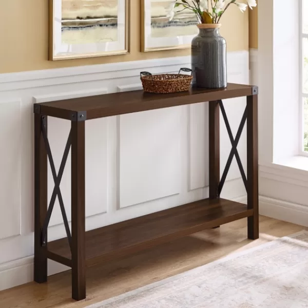 Console Tables-Kirkland's Home Walnut Rustic Farmhouse X-Frame Console Table Brown