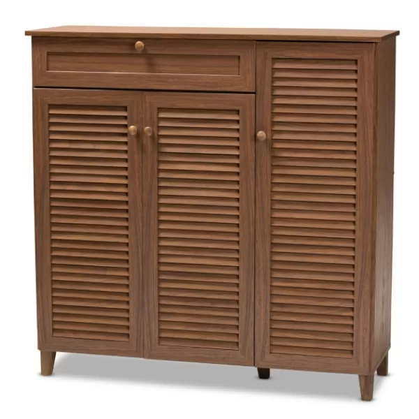 Entryway Furniture-Kirkland's Home Walnut Wood 11-Shelf Paneled Shoe Cabinet Brown