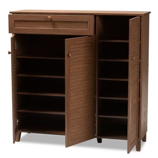 Entryway Furniture-Kirkland's Home Walnut Wood 11-Shelf Paneled Shoe Cabinet Brown