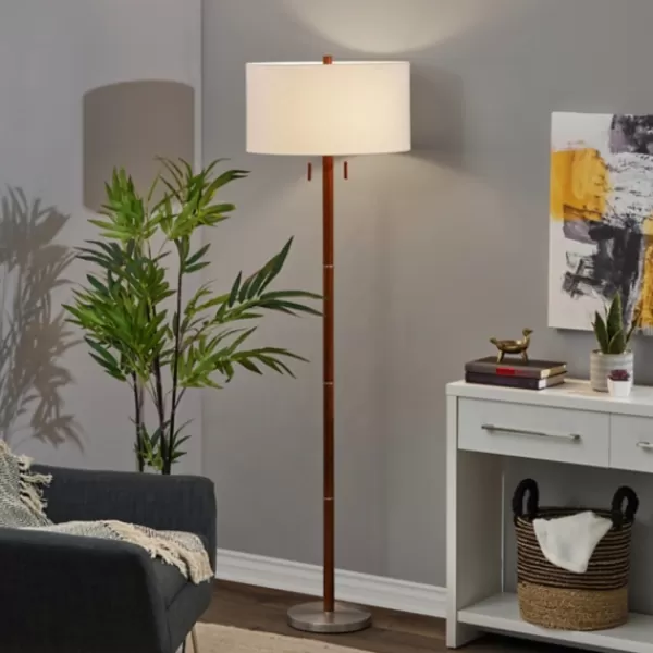 Floor Lamps-Kirkland's Home Walnut Wood And Silver Floor Lamp, 66 In. White