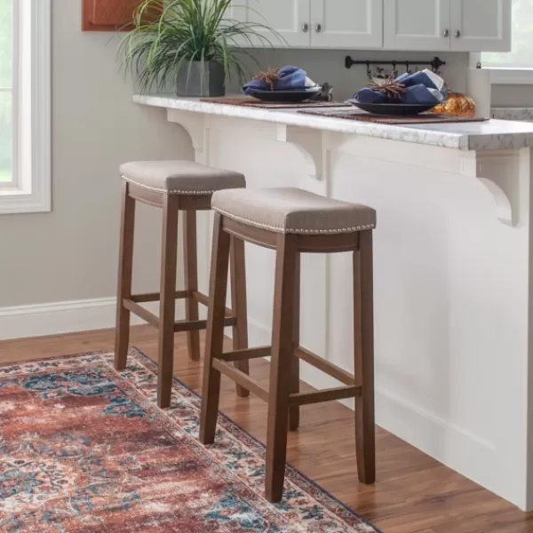 Bar Stools & Counter Height Stools-Kirkland's Home Walnut Wood Bar Stool With Cushion Gray