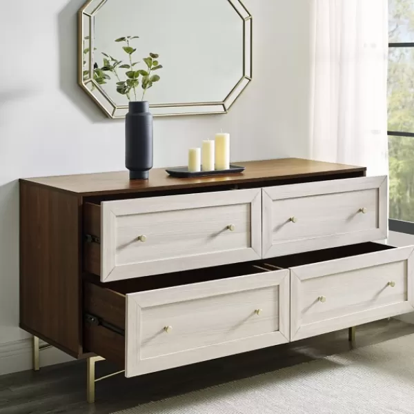 Dressers & Chests-Kirkland's Home Walnut Wood Faced Gold Base Dresser White