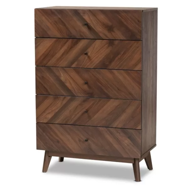 Cabinets & Sideboards-Kirkland's Home Walnut Wood Grain 5-Drawer Chest Brown