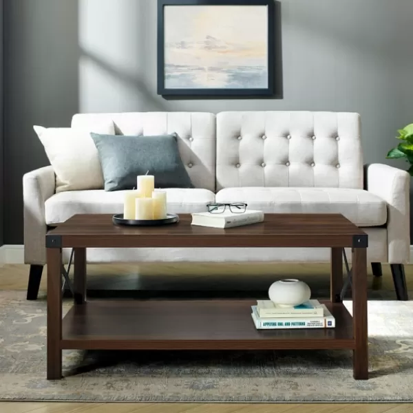 Coffee Tables-Kirkland's Home Walnut X-Frame Rustic Wood Coffee Table Brown