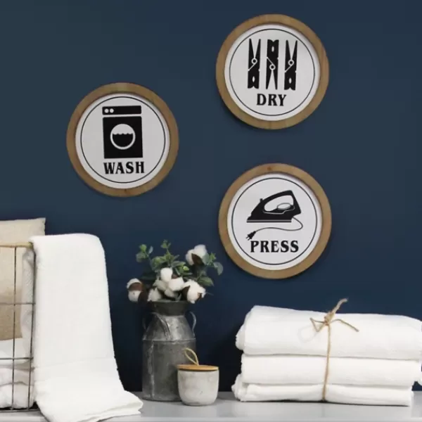 Wall Quotes & Signs-Kirkland's Home Wash Dry Press Round Framed Wall Plaques, Set Of 3 White/Black/Tan
