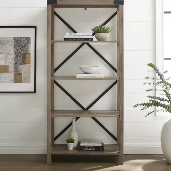 Bookshelves-Kirkland's Home Wash Metal X Frame Back Bookshelf Gray