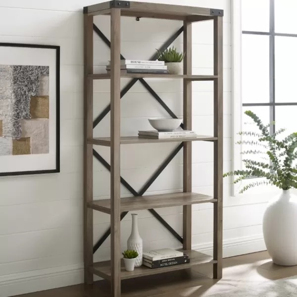 Bookshelves-Kirkland's Home Wash Metal X Frame Back Bookshelf Gray