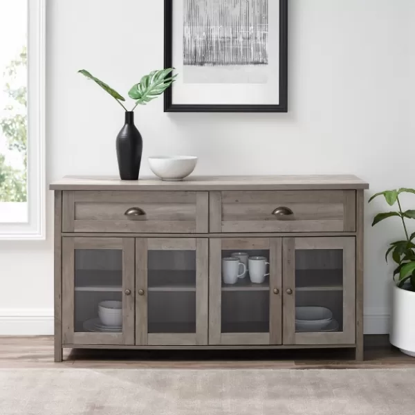 Cabinets & Sideboards-Kirkland's Home Wash Rustic Glass Front Sideboard Gray