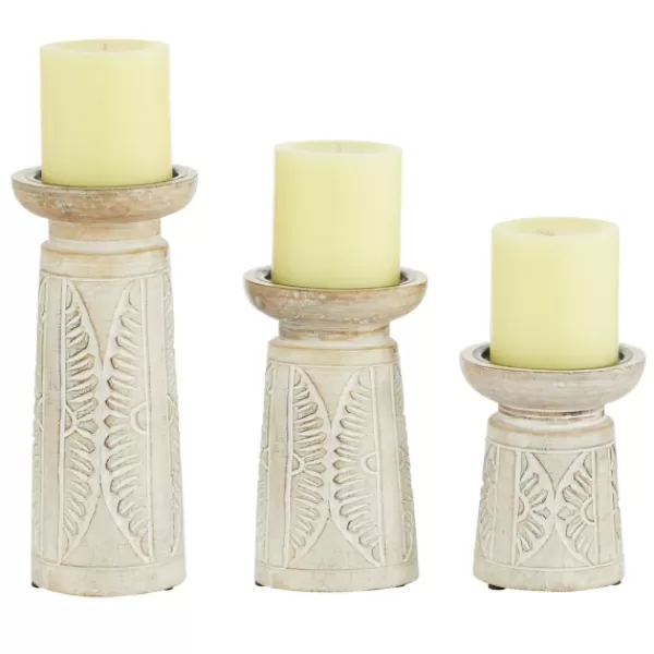 Candle Holders-Kirkland's Home Washed Carved Wood Candle Holders, Set Of 3 White