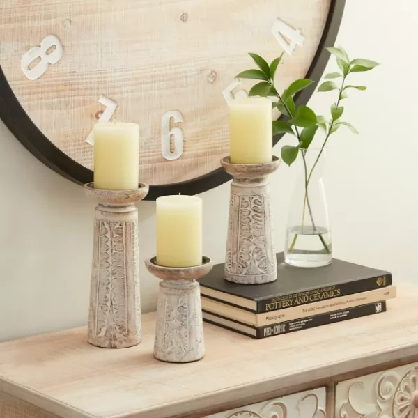 Candle Holders-Kirkland's Home Washed Carved Wood Candle Holders, Set Of 3 White