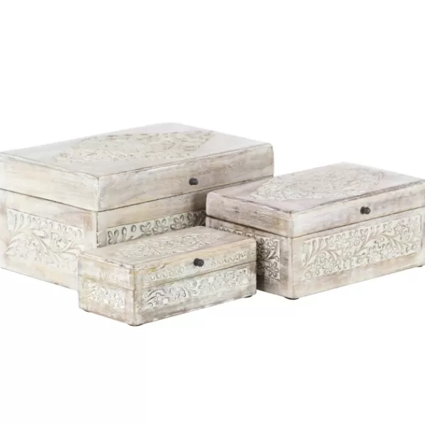 Baskets & Boxes-Kirkland's Home Washed Floral Carved Wood Boxes, Set Of 3 White