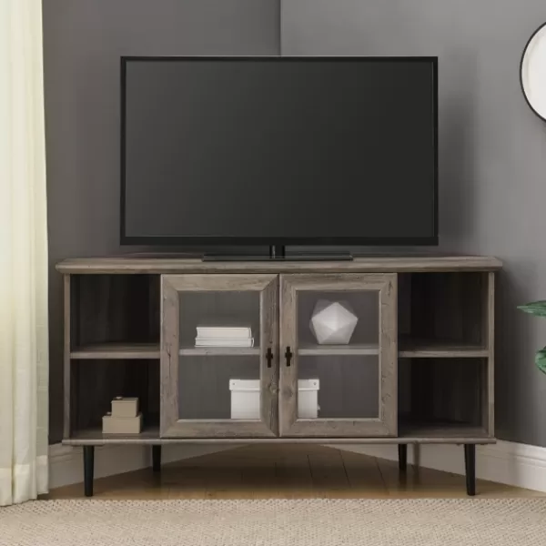 Tv Stands & Media Consoles-Kirkland's Home Washed Glass Door Corner Tv Stand Gray