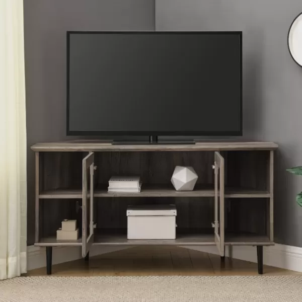 Tv Stands & Media Consoles-Kirkland's Home Washed Glass Door Corner Tv Stand Gray