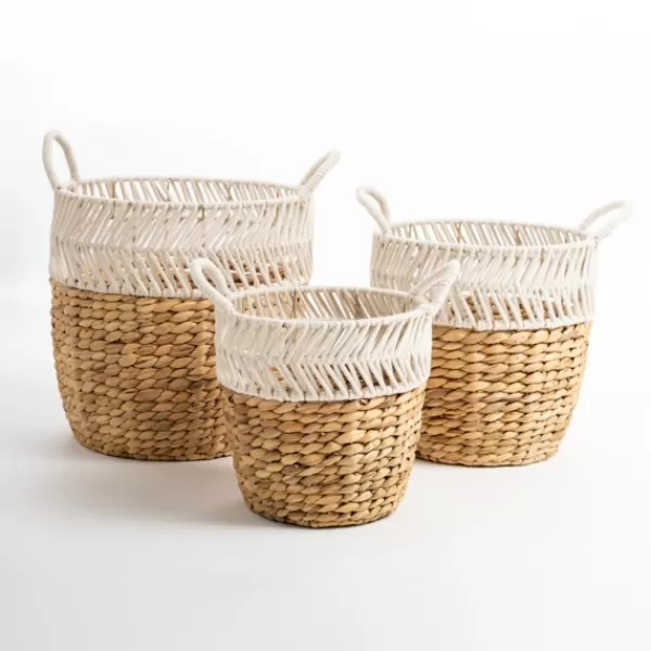 Baskets & Boxes-Kirkland's Home Water Hyacinth Color Block Baskets, Set Of 3 Tan/White