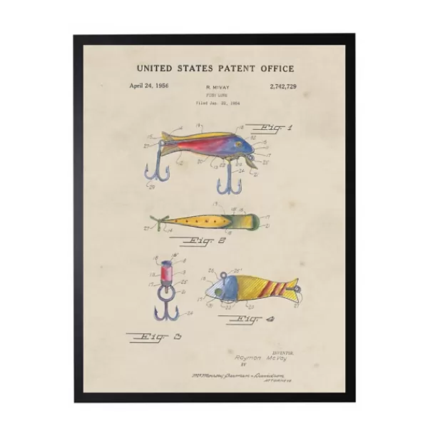 Framed Art-Kirkland's Home Watercolor Fish And Lure Patent Framed Art Print Multi