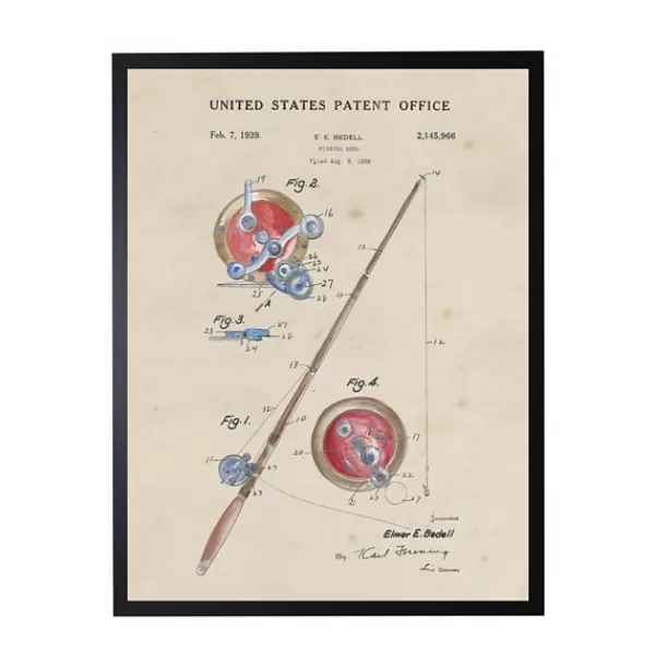 Framed Art-Kirkland's Home Watercolor Fishing Rod Patent Framed Art Print Red/Tan