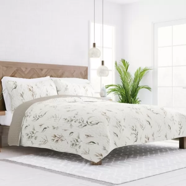 Quilts-Kirkland's Home Watercolor Leaves Reversible 3-Pc. King Quilt Set White/Green/Tan
