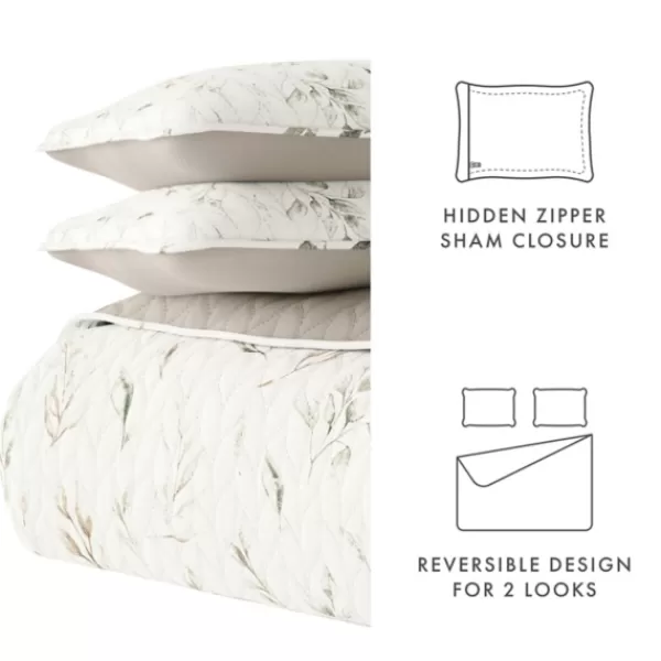 Quilts-Kirkland's Home Watercolor Leaves Reversible 3-Pc. King Quilt Set White/Green/Tan
