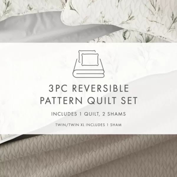 Quilts-Kirkland's Home Watercolor Leaves Reversible 3-Pc. King Quilt Set White/Green/Tan