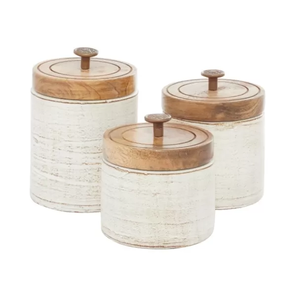 Decorative Bowls & Jars-Kirkland's Home Weathered Ivory Jars With Wooden Lids, Set Of 3 Ivory/Tan