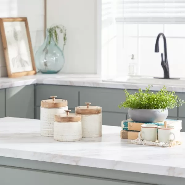 Decorative Bowls & Jars-Kirkland's Home Weathered Ivory Jars With Wooden Lids, Set Of 3 Ivory/Tan