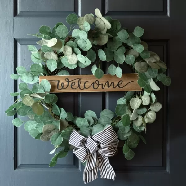 Wreaths-Kirkland's Home Welcome Bow Eucalyptus Wreath, 24 In. Green/Brown/Black