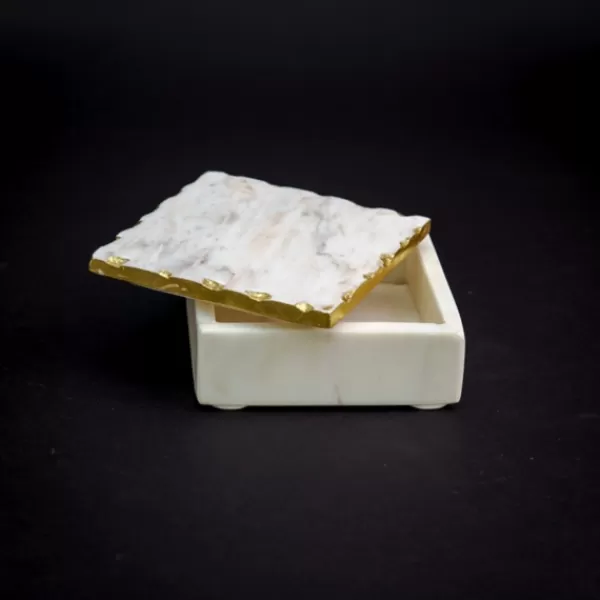 Baskets & Boxes-Kirkland's Home White And Gold Marble Square Vanity Box White/Gold