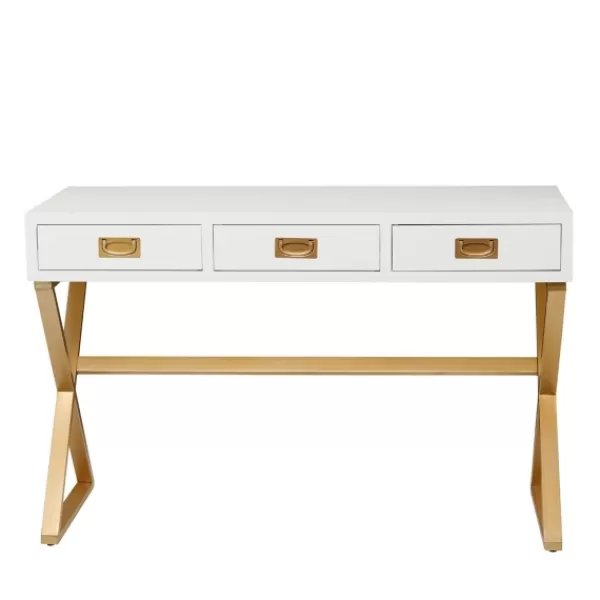 Office Furniture-Kirkland's Home White And Gold Metal Desk With Outlets White/Gold