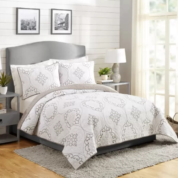 Quilts-Kirkland's Home White And Gray Pattern 3-Pc. King Quilt Set Gray/White