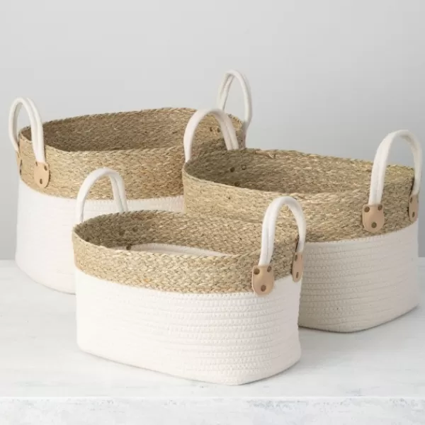 Baskets & Boxes-Kirkland's Home White And Natural Seagrass Woven Baskets, Set Of 3 White/Tan