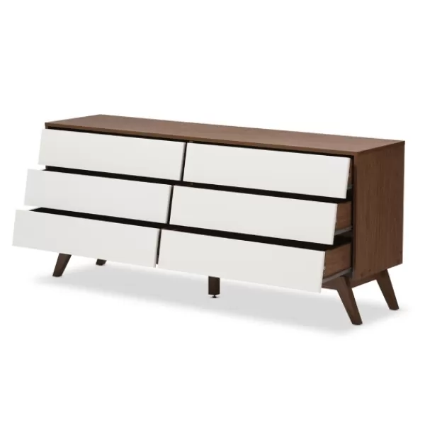 Dressers & Chests-Kirkland's Home White And Walnut Mid-Century 6-Drawer Dresser