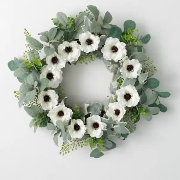 Wreaths-Kirkland's Home White Anemone Flower Wreath White/Green