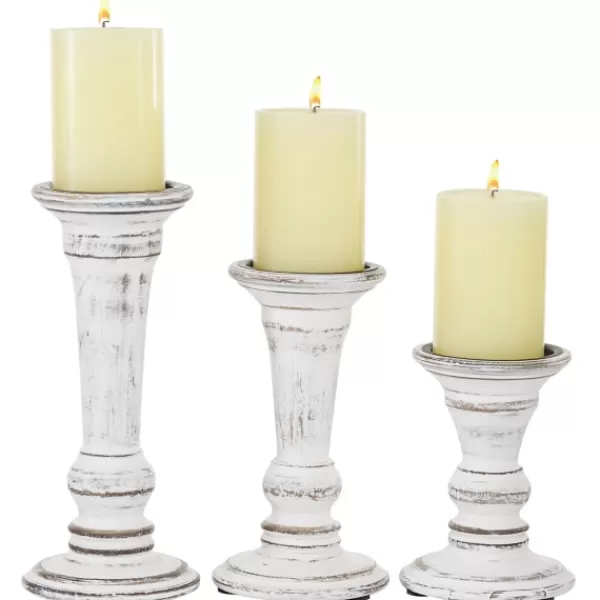 Candle Holders-Kirkland's Home White Brushstroke 3-Pc. Pillar Candle Holder Set White/Brown