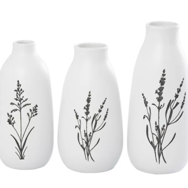 Vases-Kirkland's Home White Ceramic Botanical Print Vases, Set Of 3 White/Black