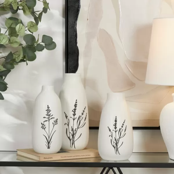 Vases-Kirkland's Home White Ceramic Botanical Print Vases, Set Of 3 White/Black