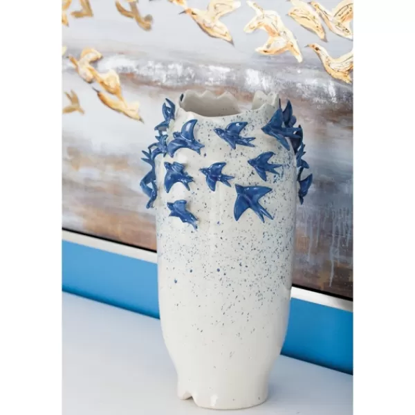 Vases-Kirkland's Home White Ceramic Coastal Vase, 18 In. White/Blue