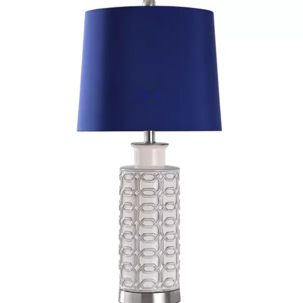 Table Lamps-Kirkland's Home White Ceramic Geometric Table Lamp With Shade Blue