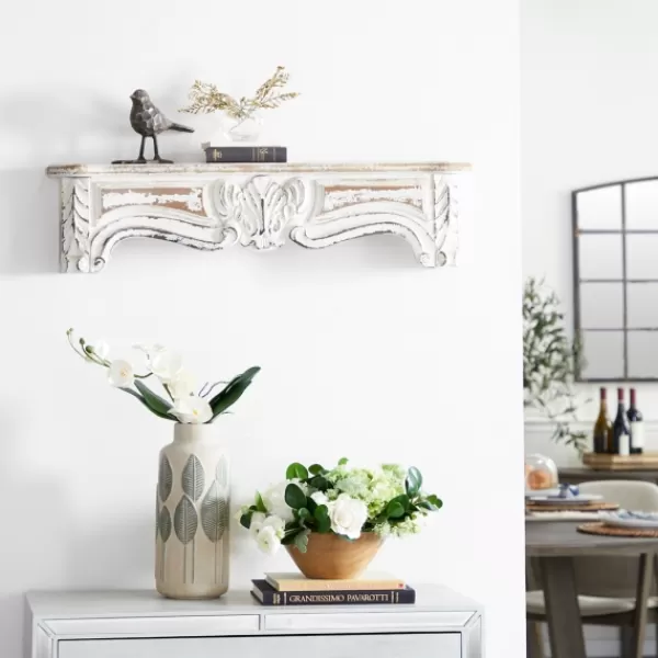 Shelves-Kirkland's Home White Distressed Carved Wood Acanthus Wall Shelf