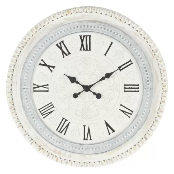 Clocks-Kirkland's Home White Distressed Wood Round Beaded Wall Clock