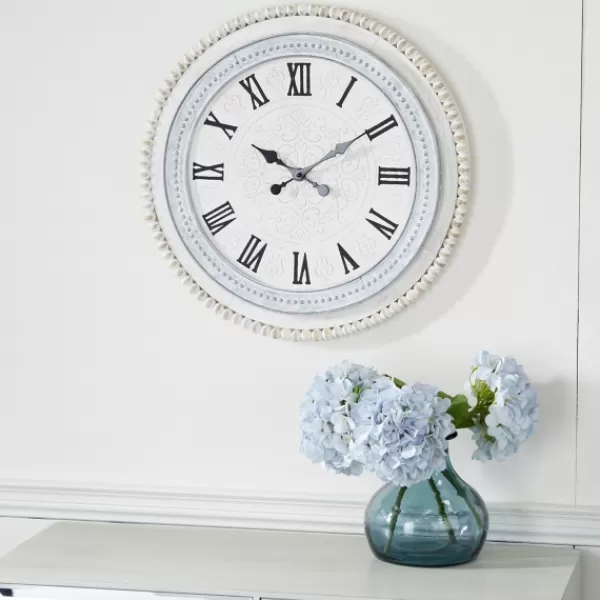 Clocks-Kirkland's Home White Distressed Wood Round Beaded Wall Clock