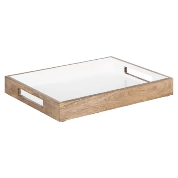 Decorative Trays-Kirkland's Home White Enameled Rectangle Mango Wood Tray Tan/White