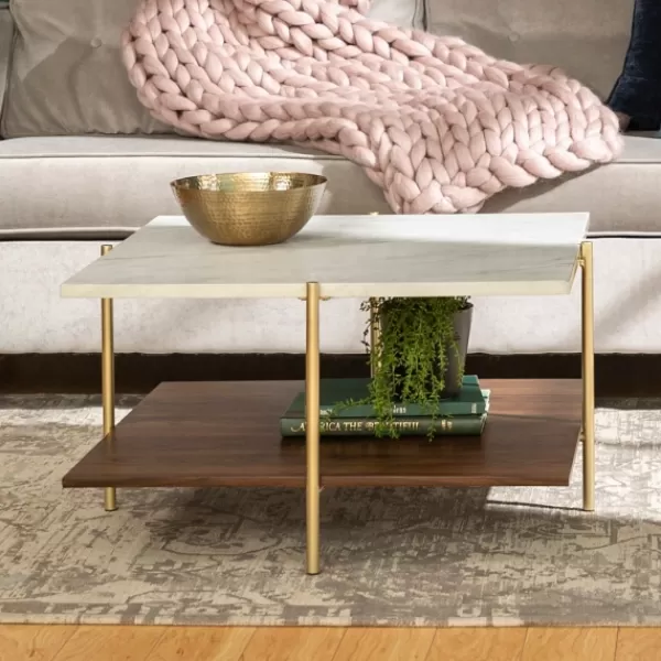 Coffee Tables-Kirkland's Home White Faux Marble And Brown Wood Coffee Table White/Gold