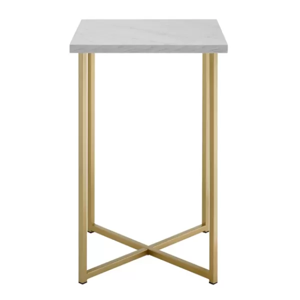 Accent & End Tables-Kirkland's Home White Faux Marble And Gold X-Base Accent Table